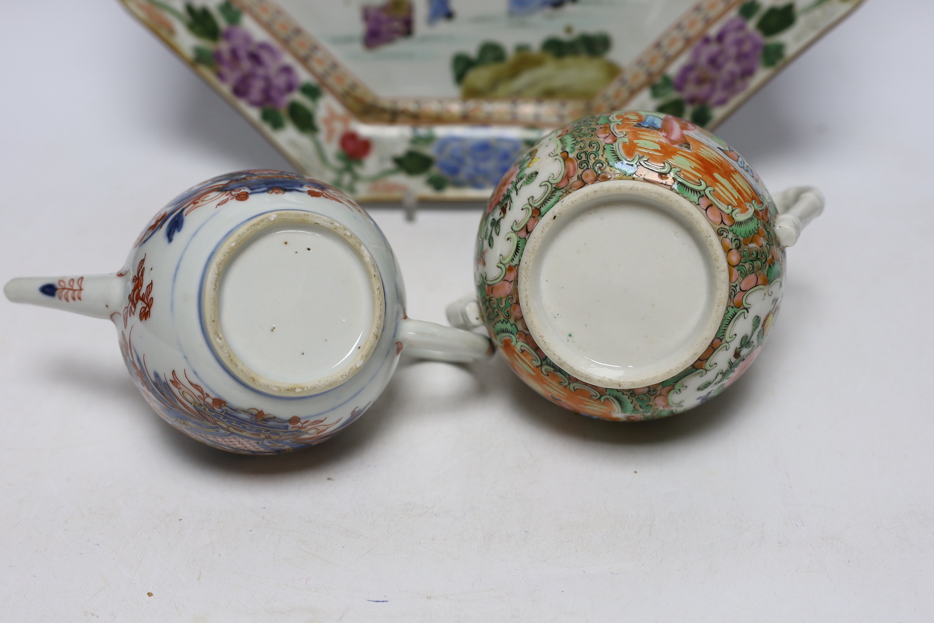 A Chinese Imari pattern teapot, a Cantonese lidded jar and an octagonal Japanese charger